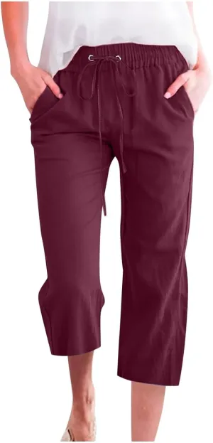 Linen Capris for Women 2024 Summer Lightweight High Waisted Cropped Pants Casual Loose Wide Leg Trousers with Pockets