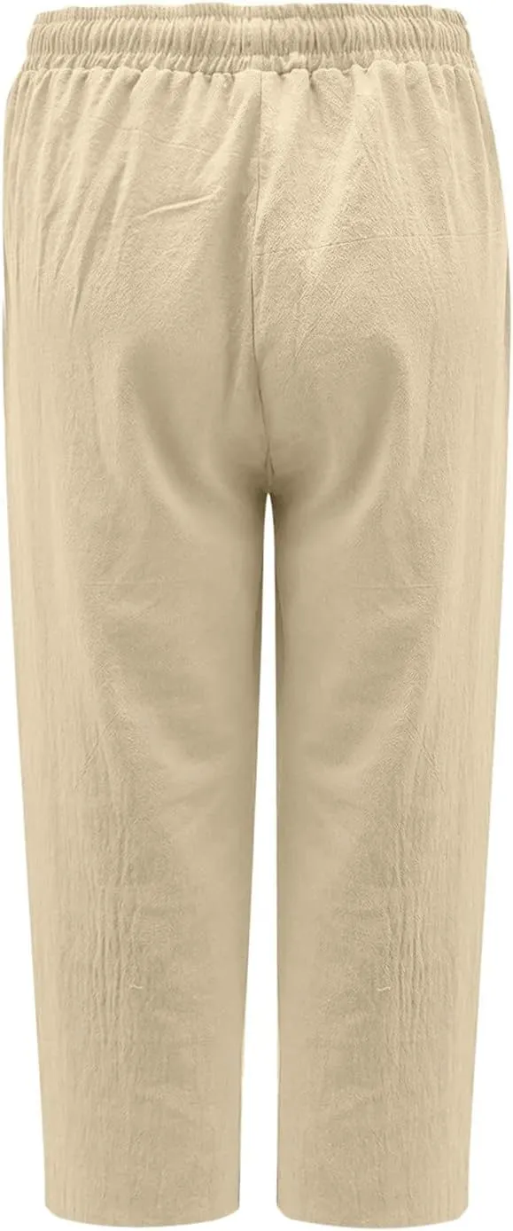 Linen Capris Pants for Women Summer Drawstring Elastic High Waist Linen Pant Straight Wide Leg Cropped Trouser Pants