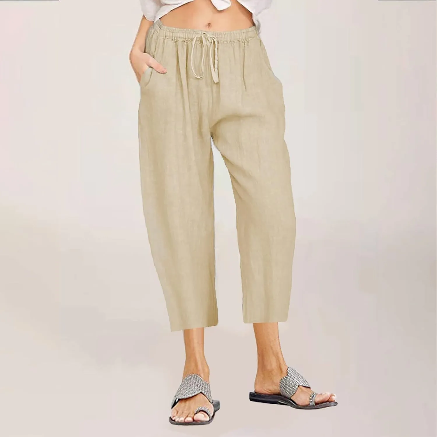 Linen Capris Pants for Women Summer Drawstring Elastic High Waist Linen Pant Straight Wide Leg Cropped Trouser Pants