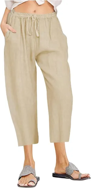 Linen Capris Pants for Women Summer Drawstring Elastic High Waist Linen Pant Straight Wide Leg Cropped Trouser Pants