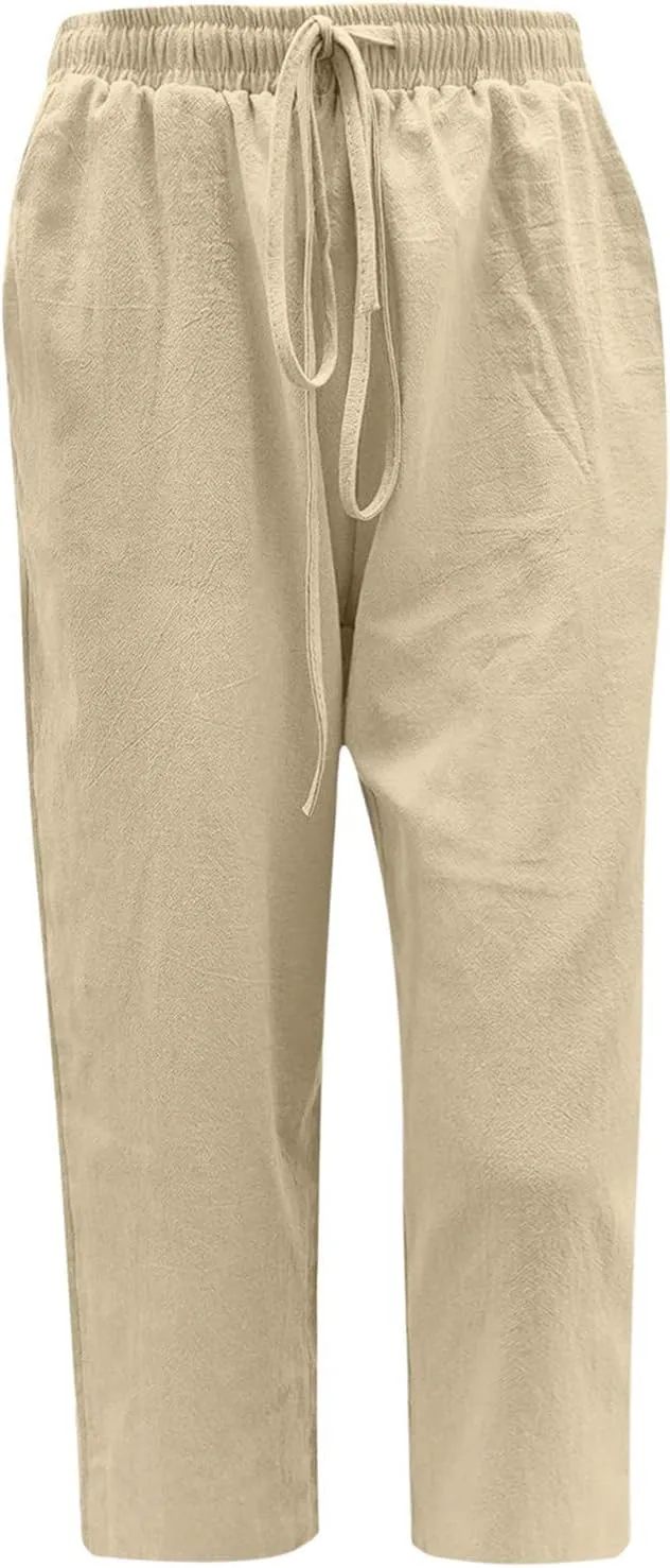 Linen Capris Pants for Women Summer Drawstring Elastic High Waist Linen Pant Straight Wide Leg Cropped Trouser Pants