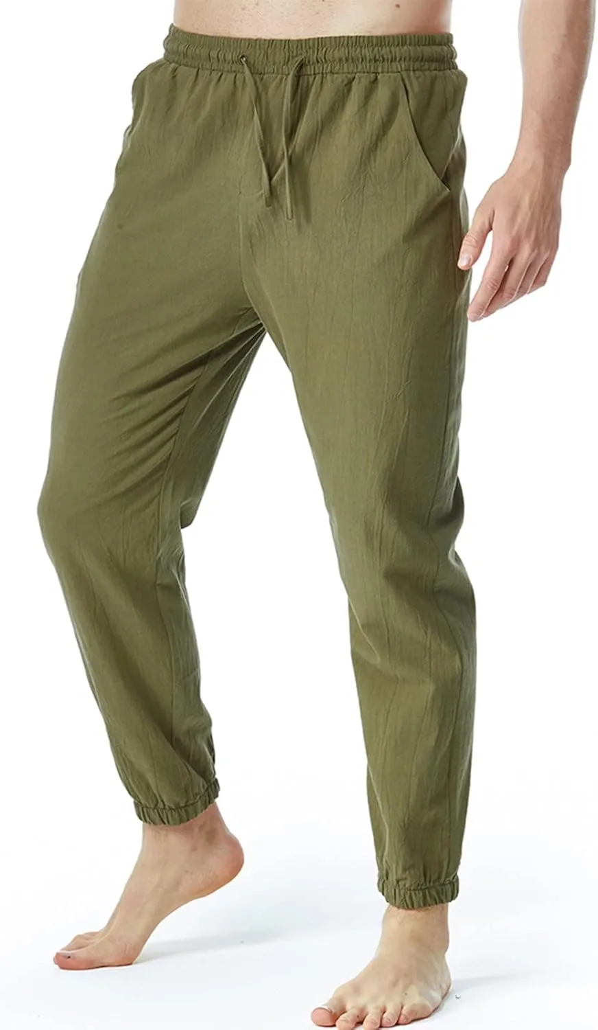 Linen Pants for Men Fashion Drawstring Stretch Cotton Trousers with Pockets Causal Loose Beam Feet Sweatpants