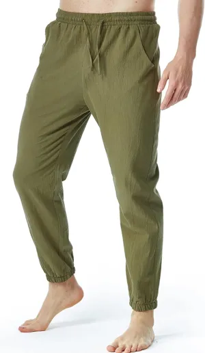 Linen Pants for Men Fashion Drawstring Stretch Cotton Trousers with Pockets Causal Loose Beam Feet Sweatpants