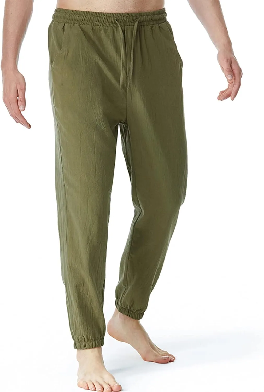 Linen Pants for Men Fashion Drawstring Stretch Cotton Trousers with Pockets Causal Loose Beam Feet Sweatpants