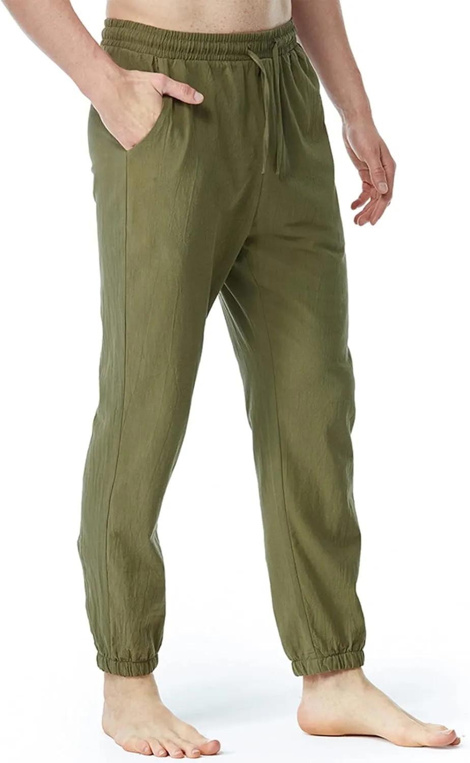 Linen Pants for Men Fashion Drawstring Stretch Cotton Trousers with Pockets Causal Loose Beam Feet Sweatpants