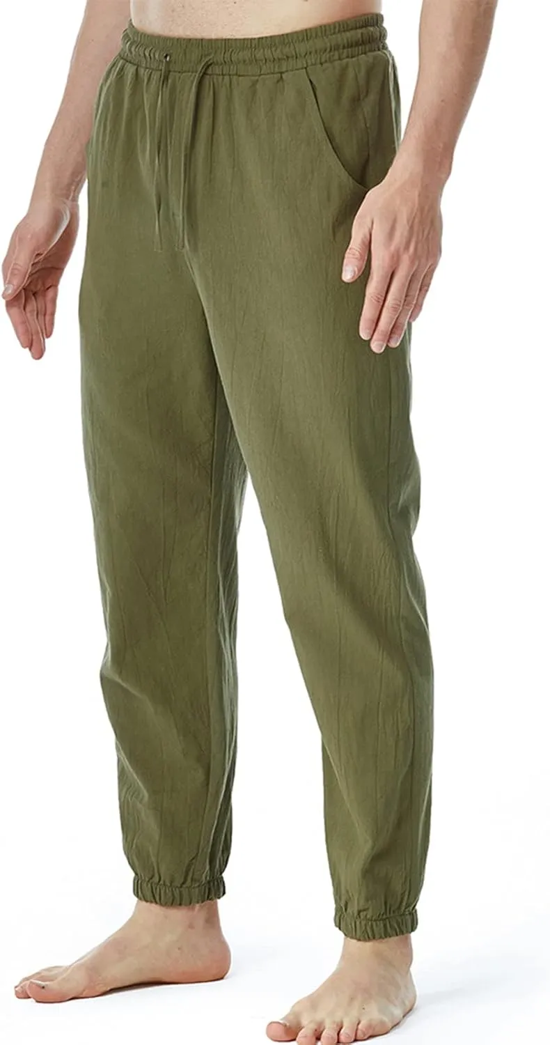 Linen Pants for Men Fashion Drawstring Stretch Cotton Trousers with Pockets Causal Loose Beam Feet Sweatpants