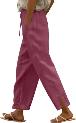 Linen Pants for Women 2025 Summer High Waist Elastic Straight Leg Lounge Pant Casual Loose Lightweight Beach Trousers