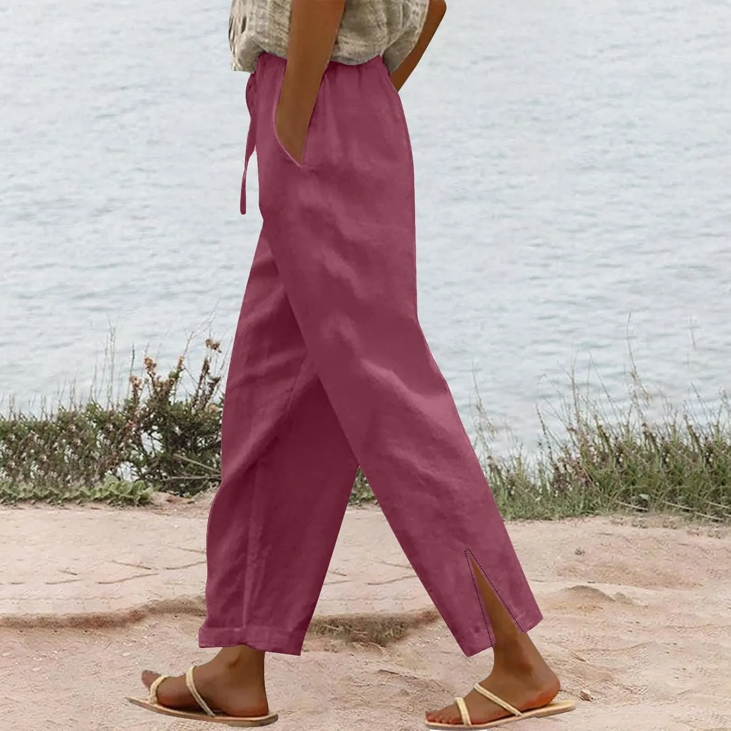 Linen Pants for Women 2025 Summer High Waist Elastic Straight Leg Lounge Pant Casual Loose Lightweight Beach Trousers