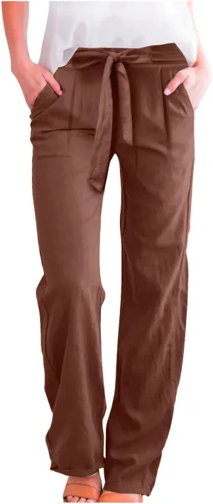 Linen Pants for Women Drawstring Elastic High Waisted Straight Leg Pants with Pockets Summer Casual Boho Beach Trouser