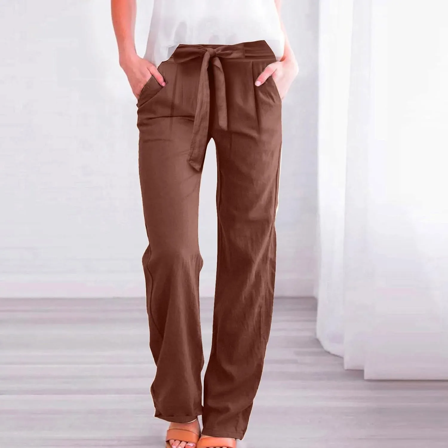 Linen Pants for Women Drawstring Elastic High Waisted Straight Leg Pants with Pockets Summer Casual Boho Beach Trouser
