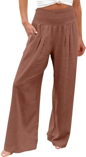 Linen Pants for Women Fall High Waisted Wide Leg Pants Work Casual Elastic Waist Palazzo Trousers with Pocket