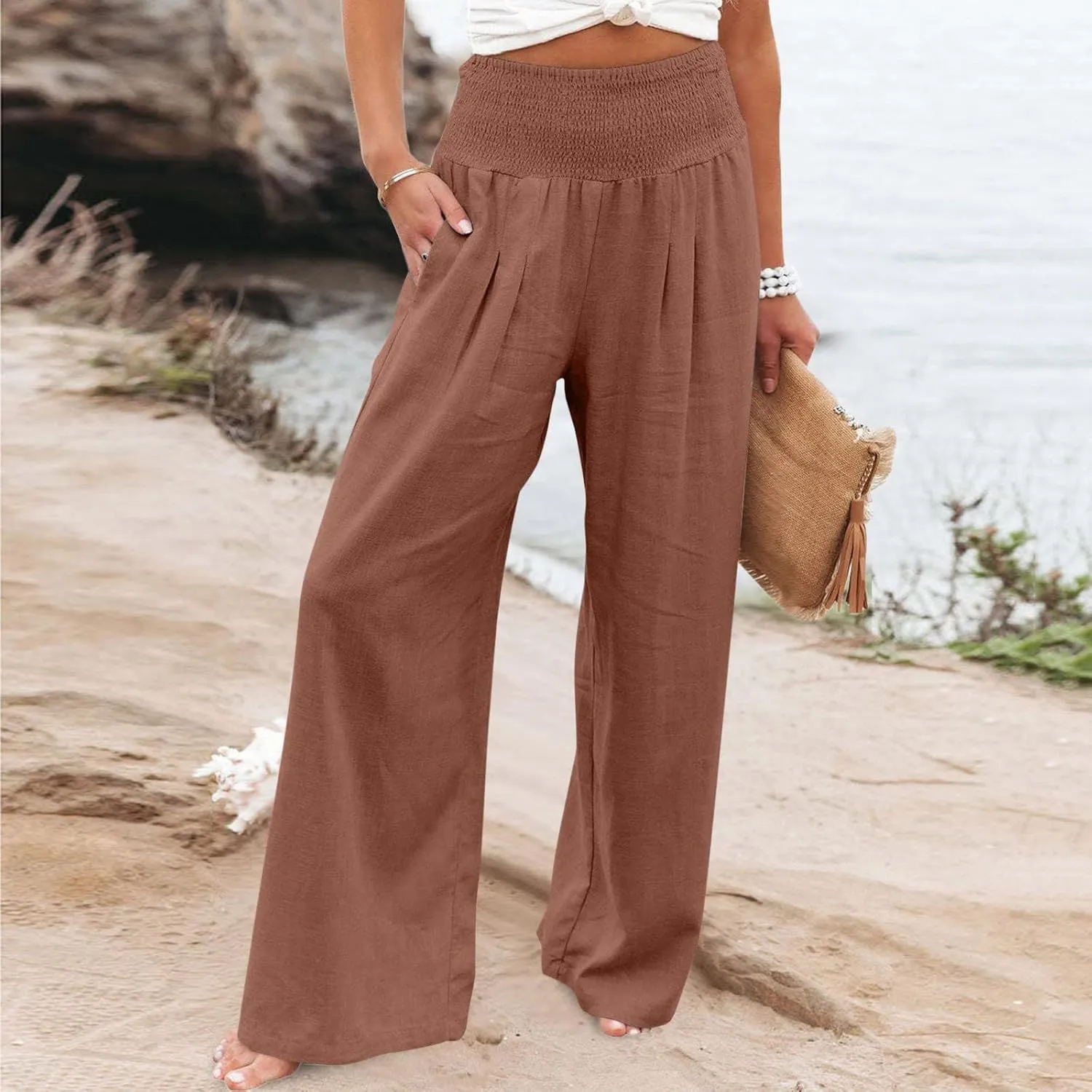 Linen Pants for Women Fall High Waisted Wide Leg Pants Work Casual Elastic Waist Palazzo Trousers with Pocket