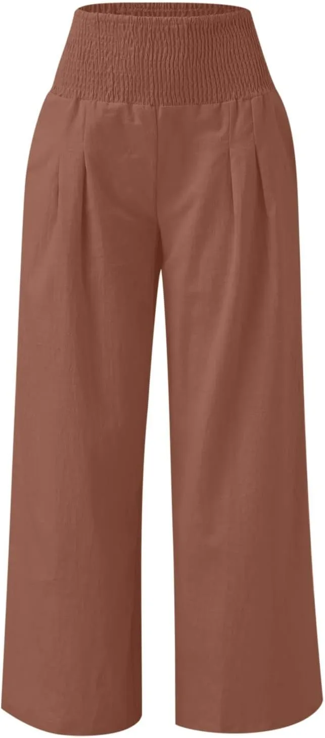 Linen Pants for Women Fall High Waisted Wide Leg Pants Work Casual Elastic Waist Palazzo Trousers with Pocket
