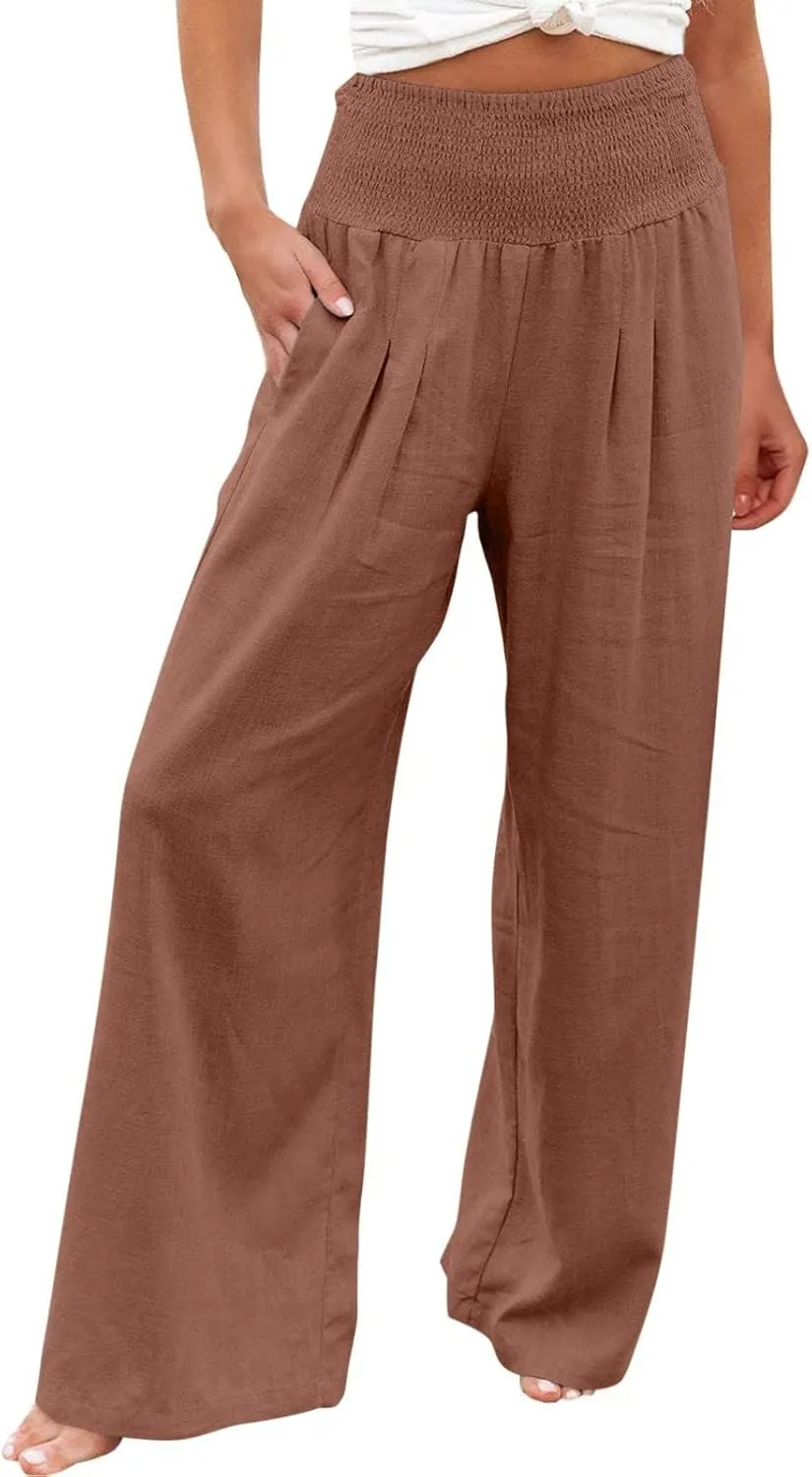 Linen Pants for Women Fall High Waisted Wide Leg Pants Work Casual Elastic Waist Palazzo Trousers with Pocket