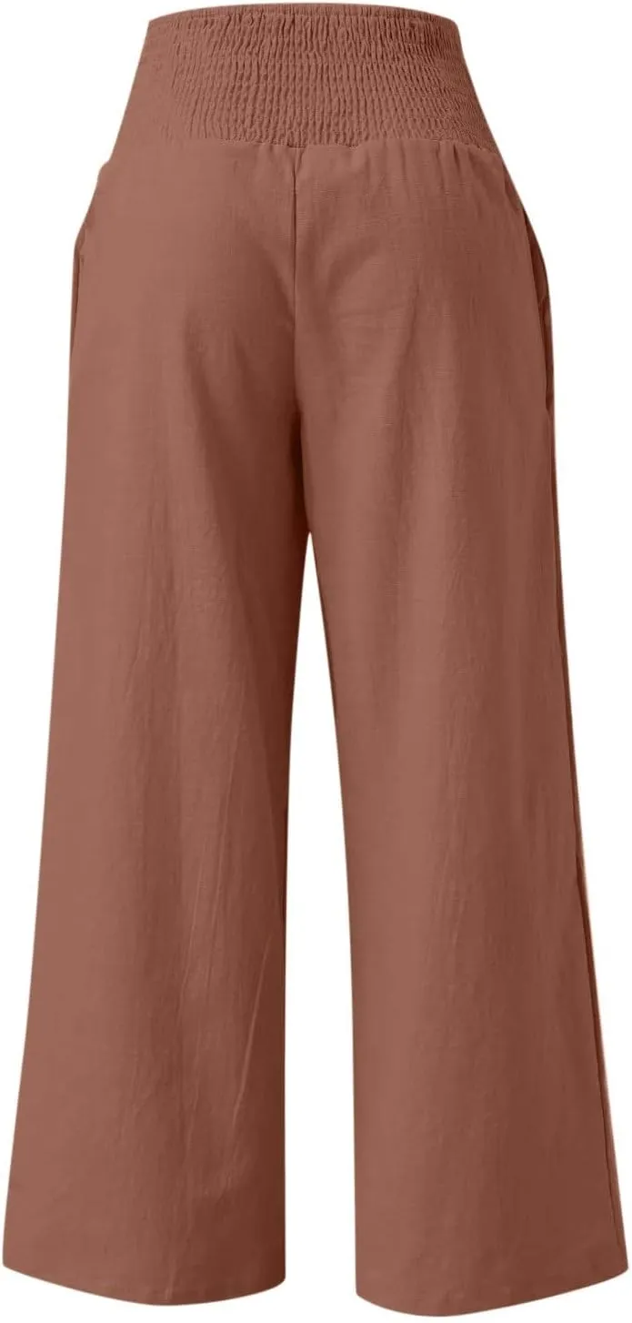 Linen Pants for Women Fall High Waisted Wide Leg Pants Work Casual Elastic Waist Palazzo Trousers with Pocket