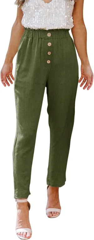 Linen Pants for Women Loose Pants Comfy Cropped Work Pants with Pockets Elastic High Waist Paper Bag with Side