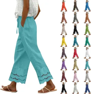Linen Pants for Women Summer High Waist Elastic Straight Leg Lounge Pant 2025 Loose Lightweight Beach Trousers