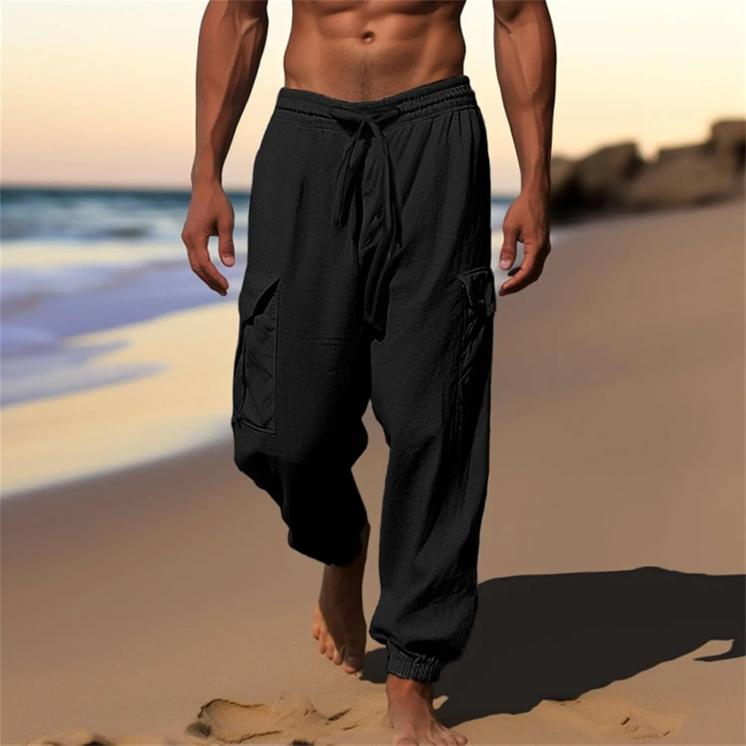 Linen Pants Mens Solid Beach Casual Tapered Pants Summer Vacation Drawstring Trousers Outdoor Plain Holiday Slacks