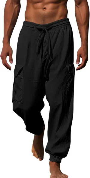 Linen Pants Mens Solid Beach Casual Tapered Pants Summer Vacation Drawstring Trousers Outdoor Plain Holiday Slacks