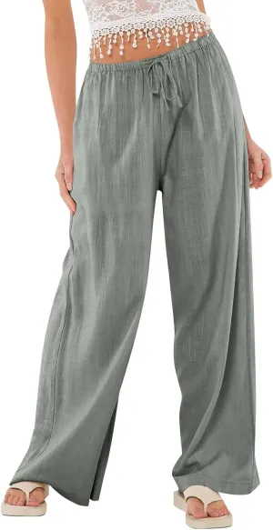 Linen Pants Women Baggy High Waisted Wide Leg Yoga Pants with Pockets Casual Summer Beach Vacation Trousers Pants