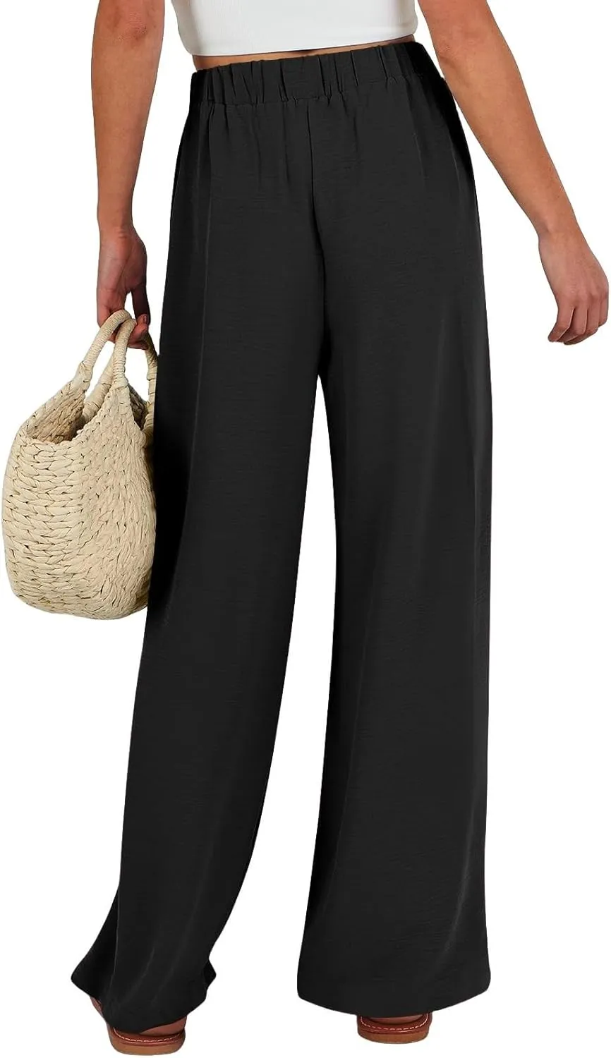 Linen Pants Women High Waisted Flowy Wide Leg Pants Summer Trendy Tie Knot Palazzo Pant Casual Dress Pant
