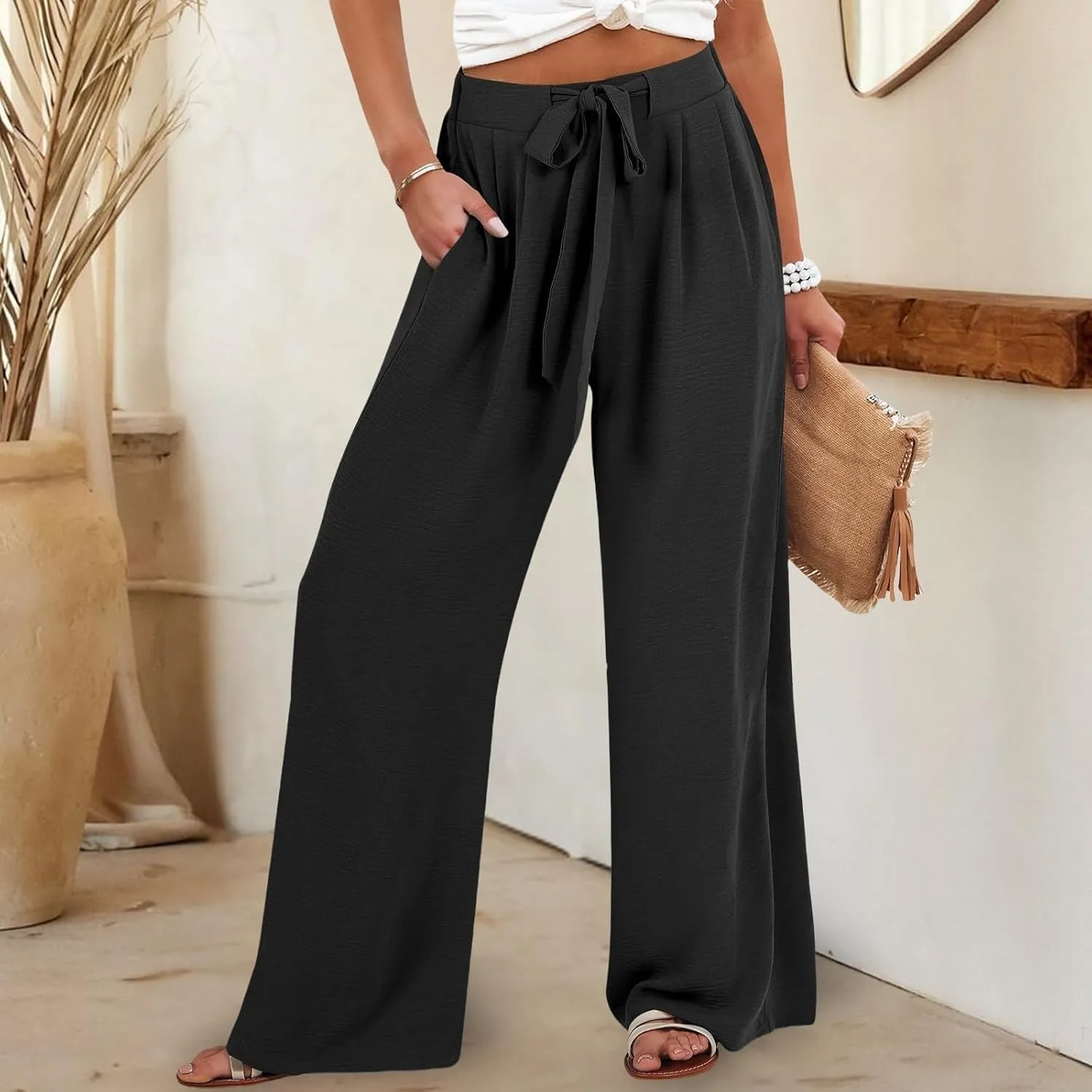 Linen Pants Women High Waisted Flowy Wide Leg Pants Summer Trendy Tie Knot Palazzo Pant Casual Dress Pant