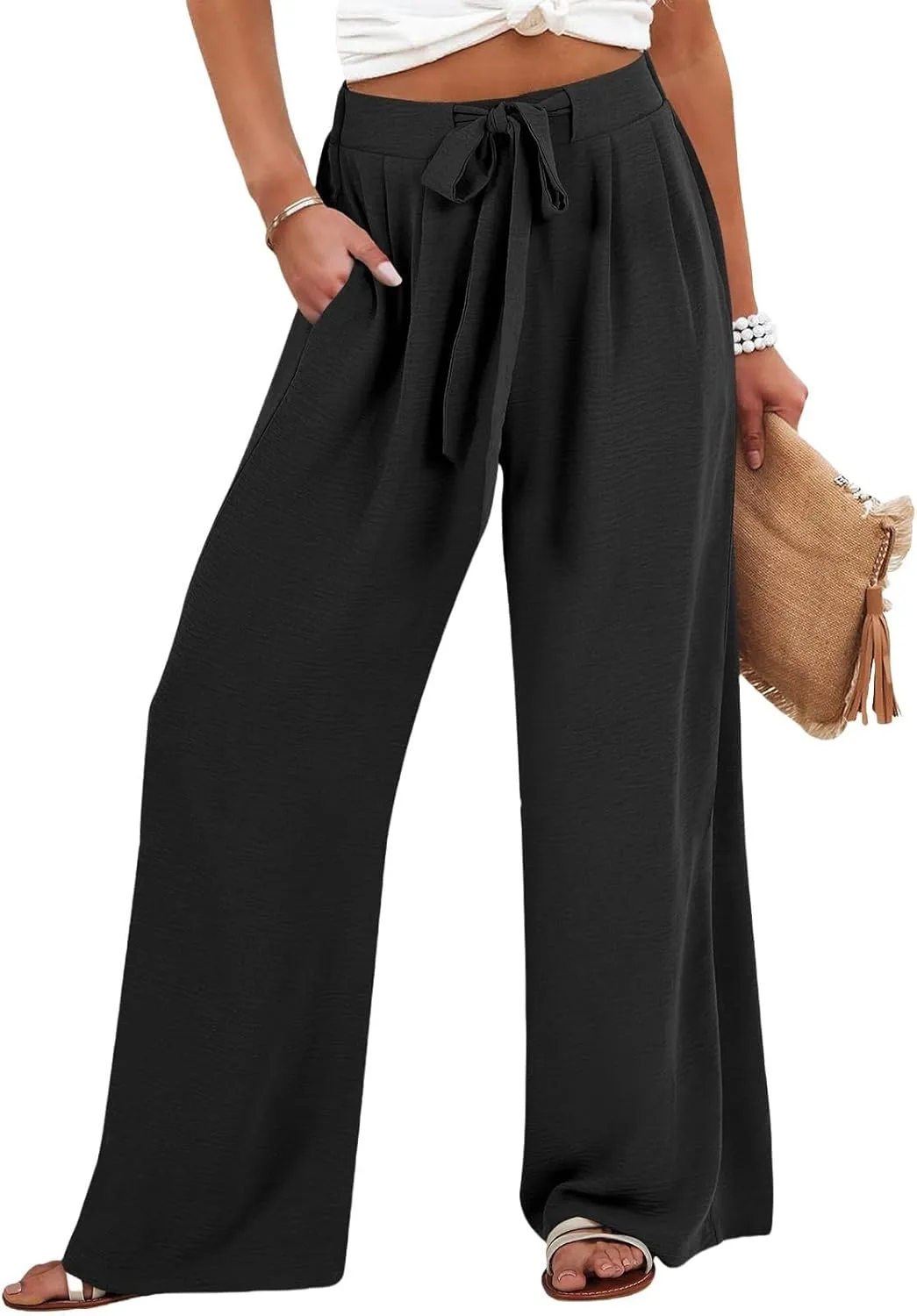 Linen Pants Women High Waisted Flowy Wide Leg Pants Summer Trendy Tie Knot Palazzo Pant Casual Dress Pant