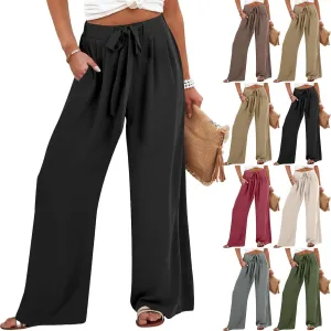 Linen Pants Women High Waisted Flowy Wide Leg Pants Summer Trendy Tie Knot Palazzo Pant Casual Dress Pant