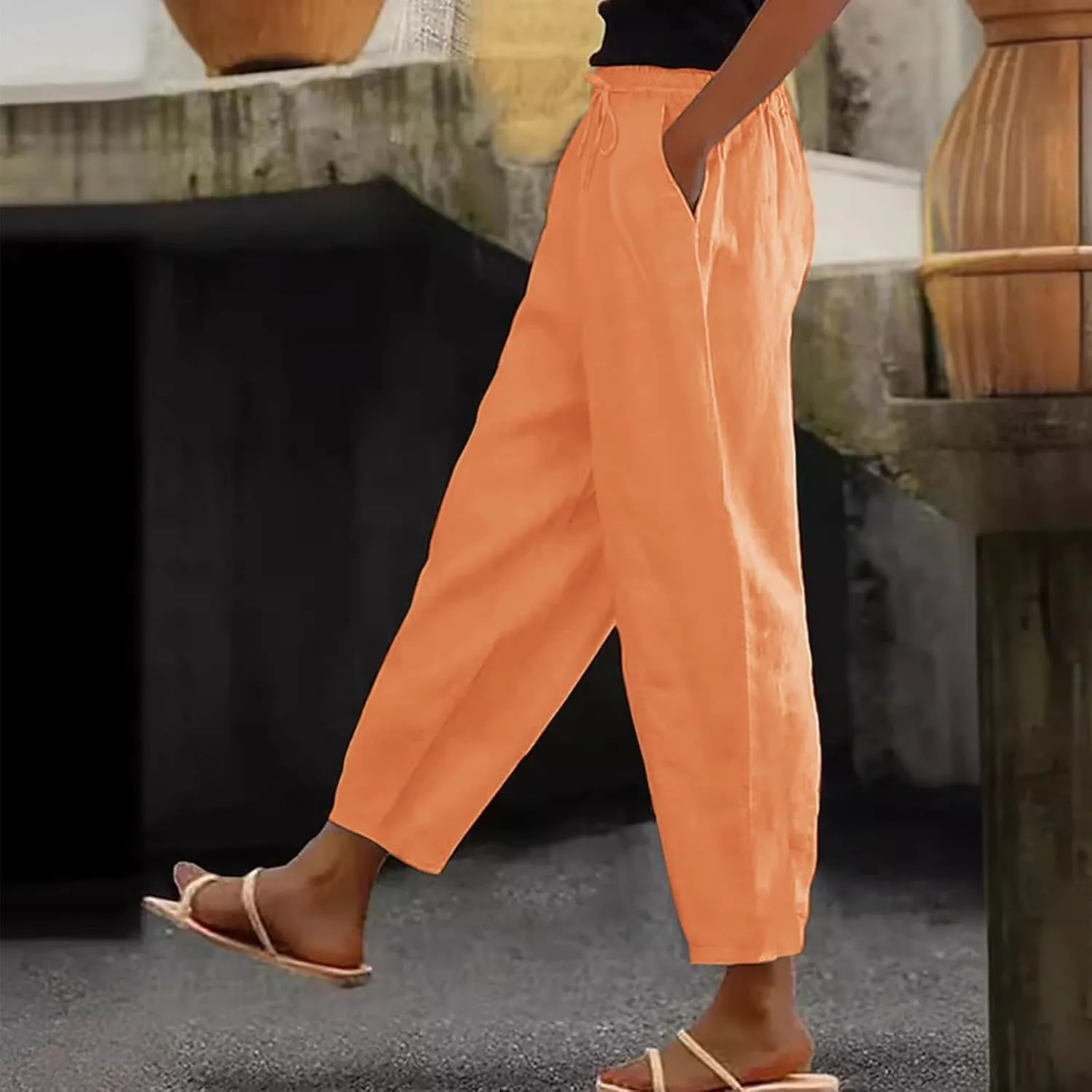 Linen Pants Women Summer High Elastic Waist Drawstring Palazzo Pants Straight Leg Slacks with Pockets