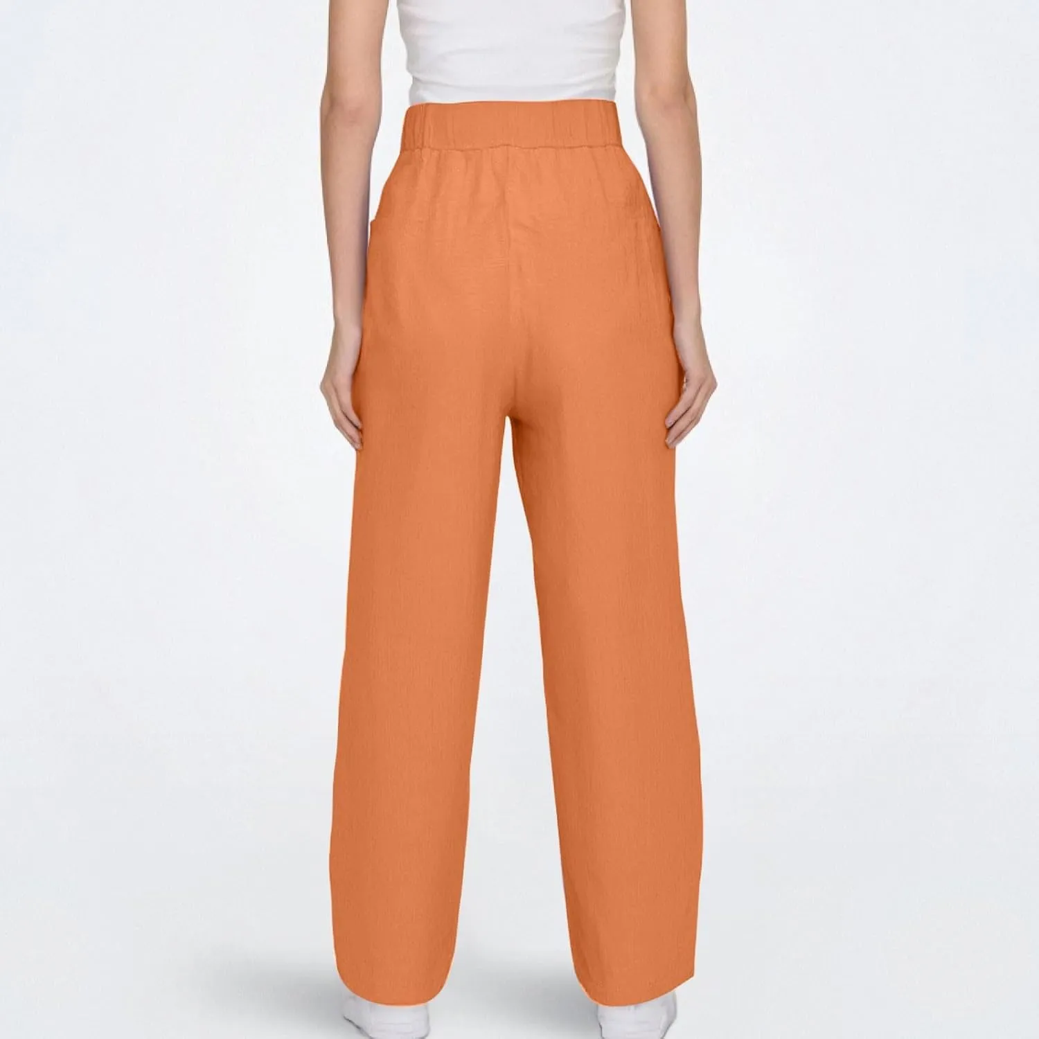 Linen Pants Women Summer High Elastic Waist Drawstring Palazzo Pants Straight Leg Slacks with Pockets