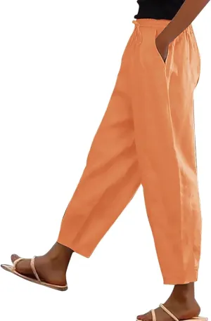 Linen Pants Women Summer High Elastic Waist Drawstring Palazzo Pants Straight Leg Slacks with Pockets