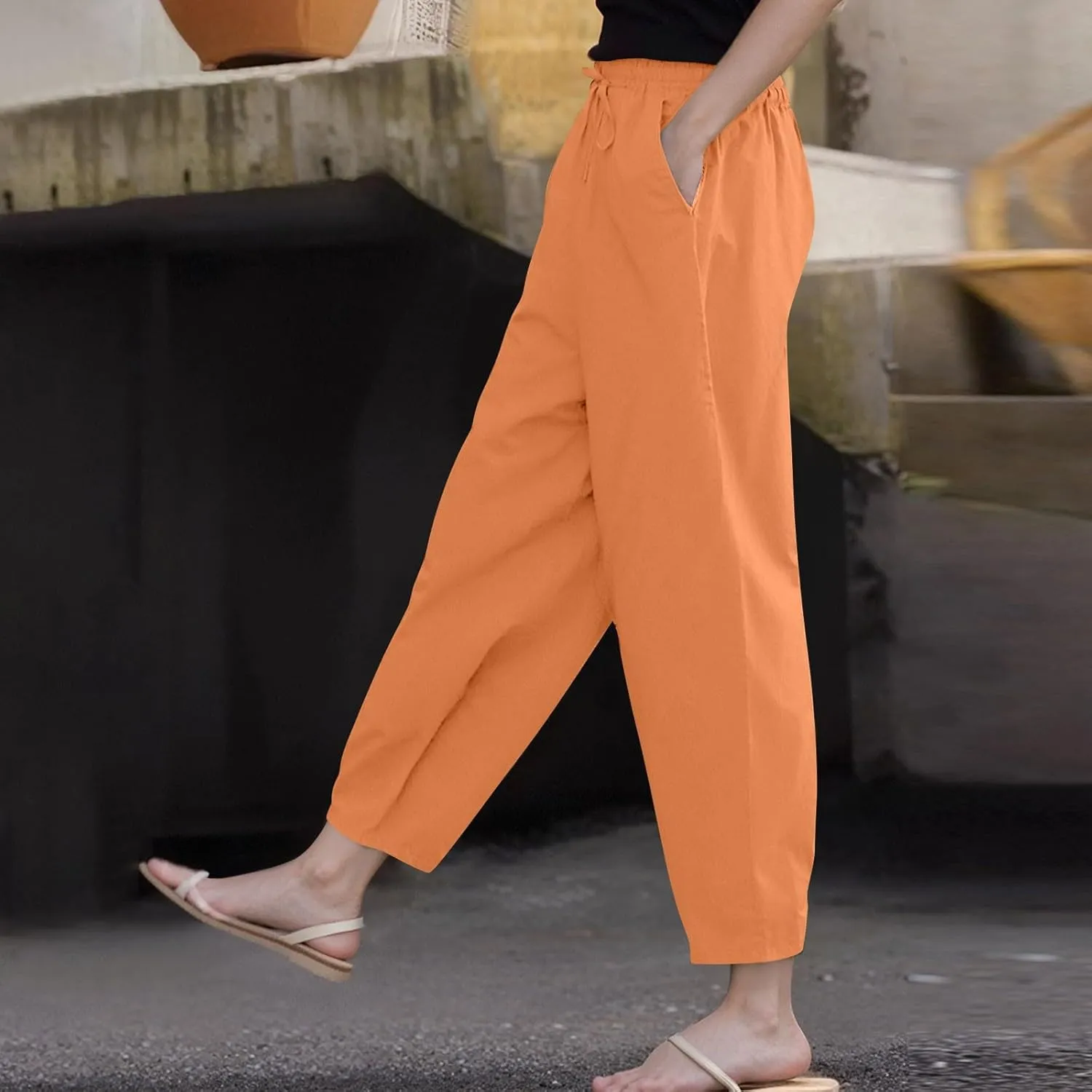 Linen Pants Women Summer High Elastic Waist Drawstring Palazzo Pants Straight Leg Slacks with Pockets