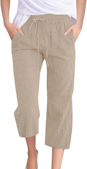 Linen Pants Women Summer Trendy High Waist Drawstring Cropped Pants with Pockets Plus Size Dressy Loose Lounge Trousers