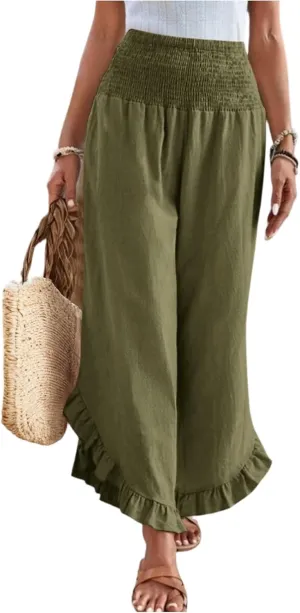 Linen Pants Women Wide Leg Smocked Waist Ruffle Hem Summer Palazzo Baggy Casual Boho Flowy Beach Trouser with Pockets