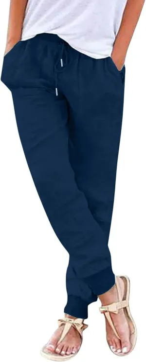 Linen Straight Leg Pants for Women 2025 Summer Work Trousers with Pockets Drawstring High Waisted Pants Casual Linen Pants