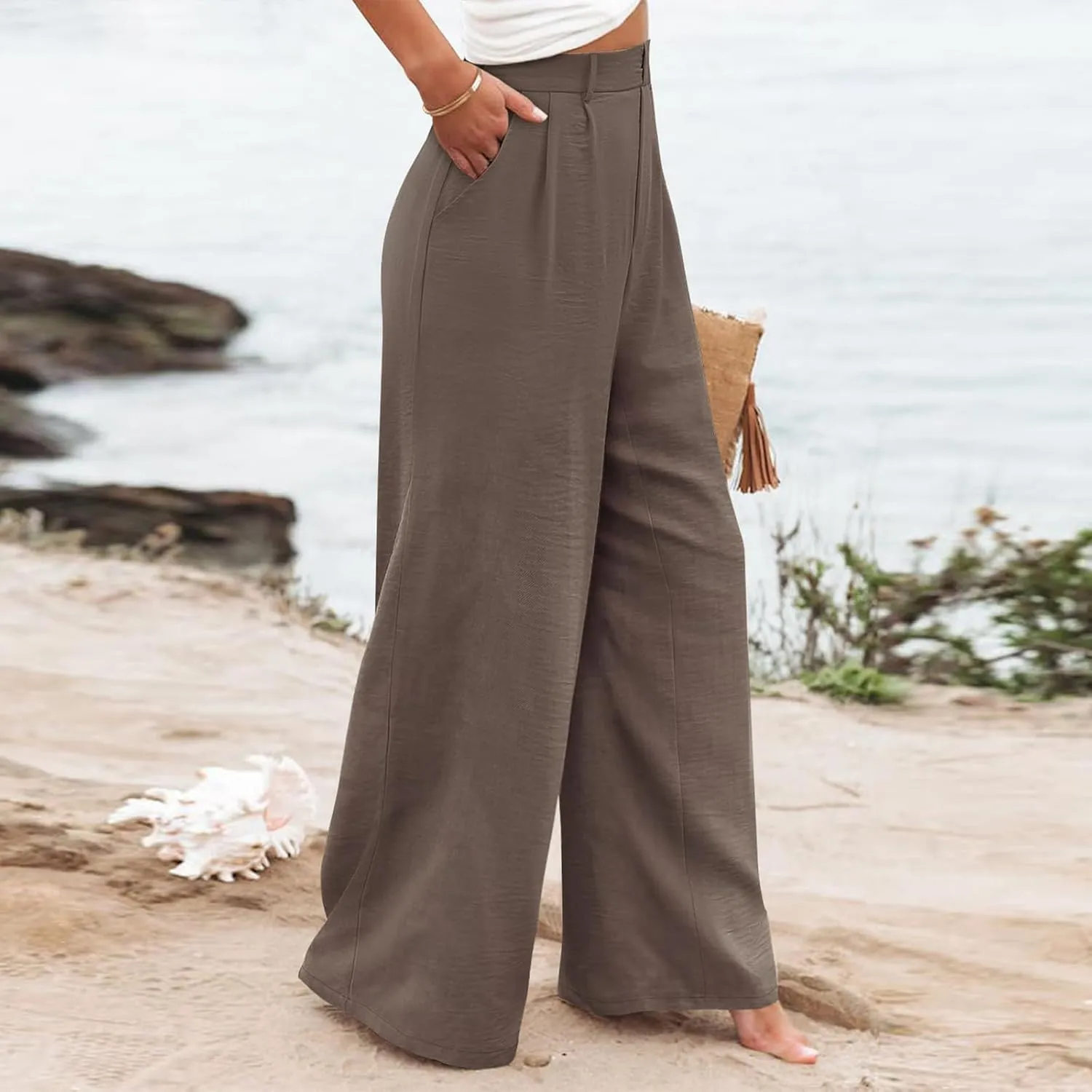 Linen Wide Leg Dress Pants Women Business Casual Elastic Waist Comfy Work Pants Lightweight Vacation Beach Trousers