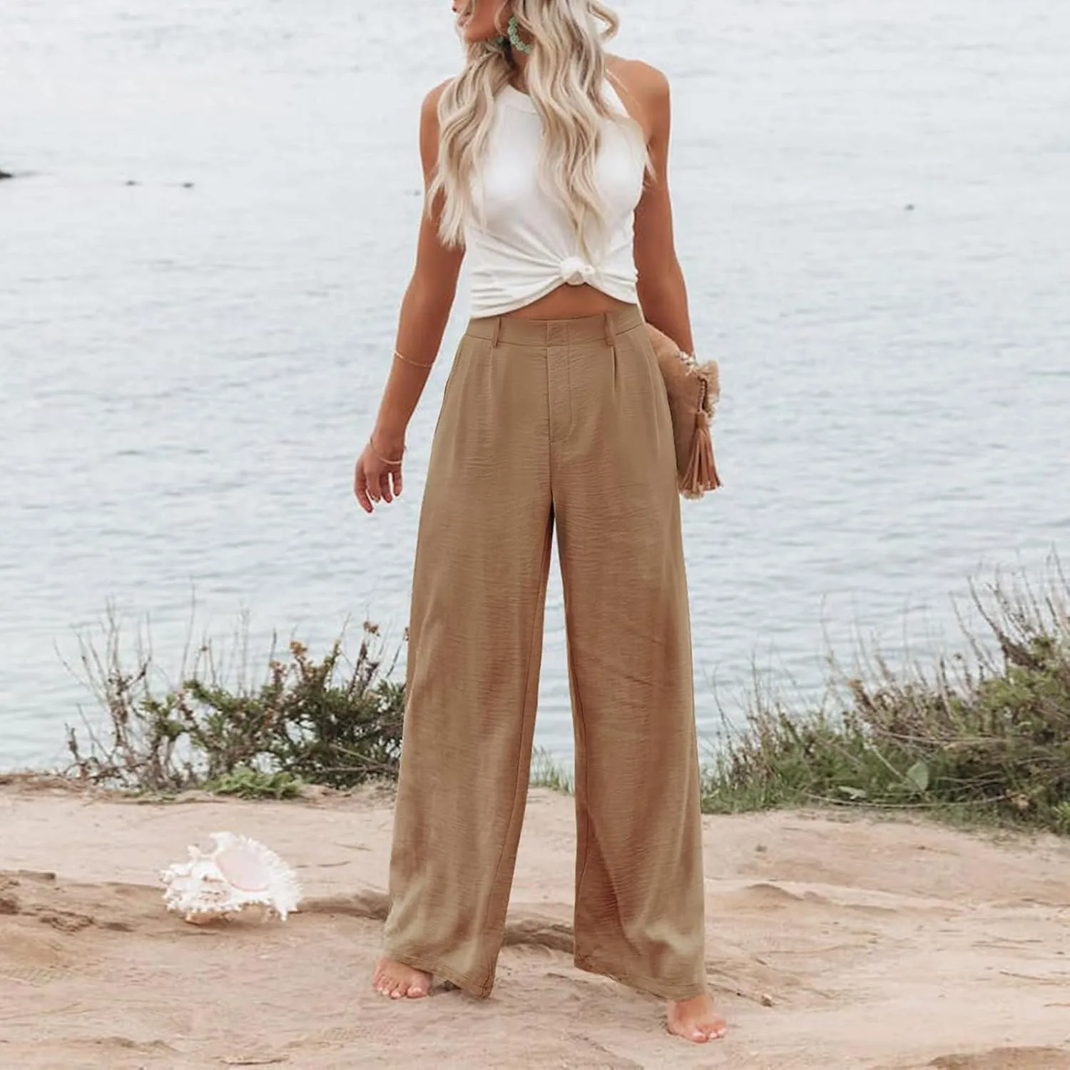 Linen Wide Leg Dress Pants Women Business Casual Elastic Waist Comfy Work Pants Lightweight Vacation Beach Trousers