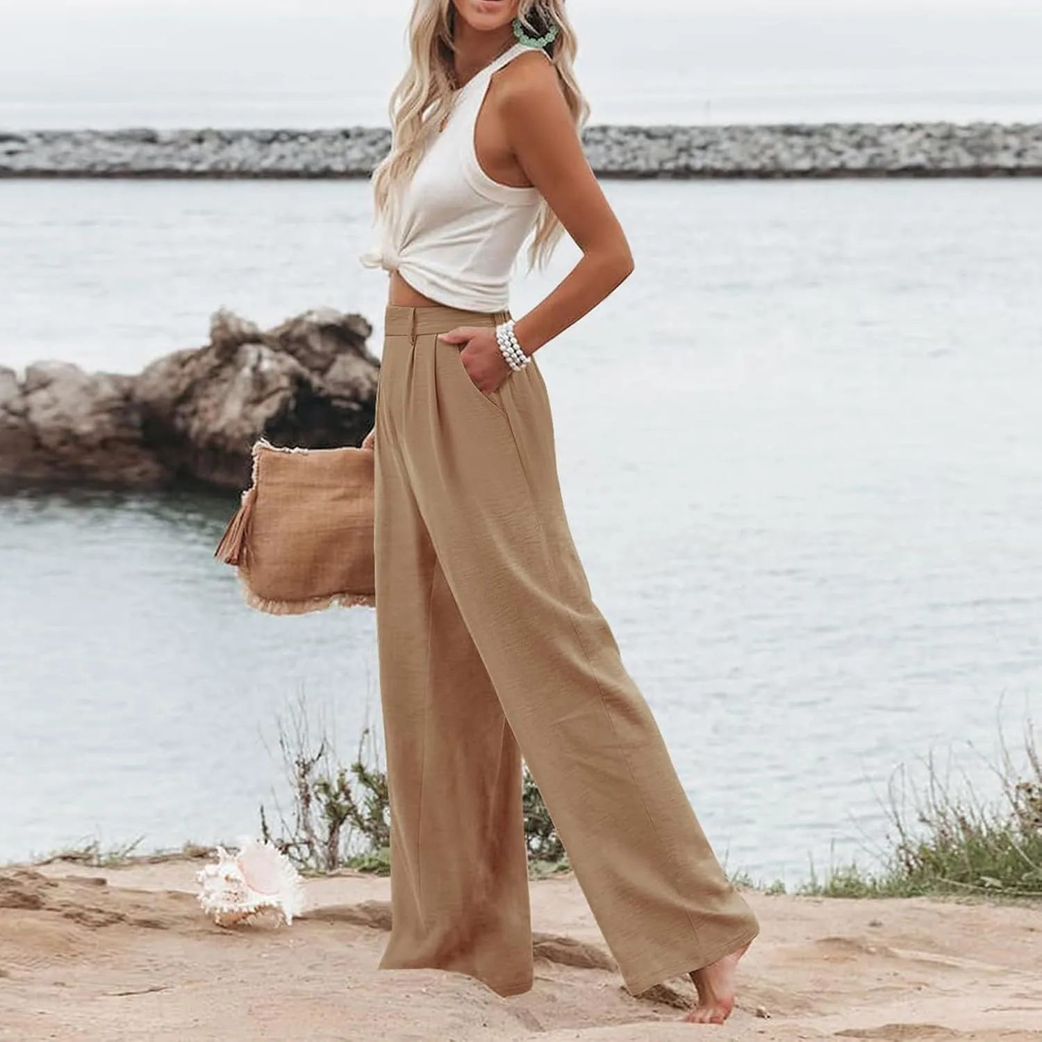 Linen Wide Leg Dress Pants Women Business Casual Elastic Waist Comfy Work Pants Lightweight Vacation Beach Trousers