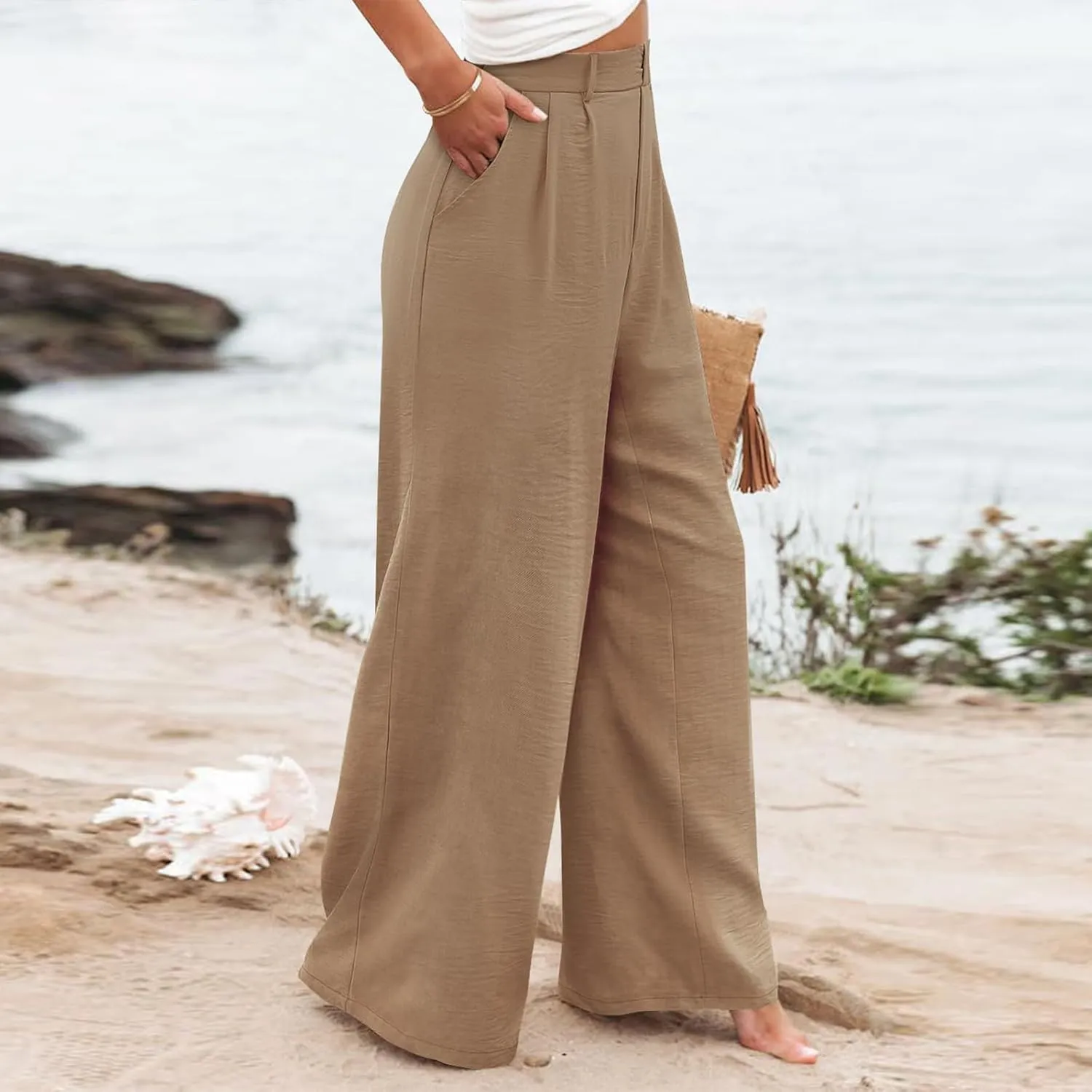 Linen Wide Leg Dress Pants Women Business Casual Elastic Waist Comfy Work Pants Lightweight Vacation Beach Trousers