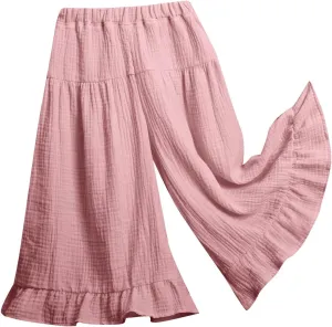 Little Girls Palazzo Pants Flowy Wide Leg Cotton Linen Pants Kids Toddler Baby Elastic Waist Loose Ruffled Trousers