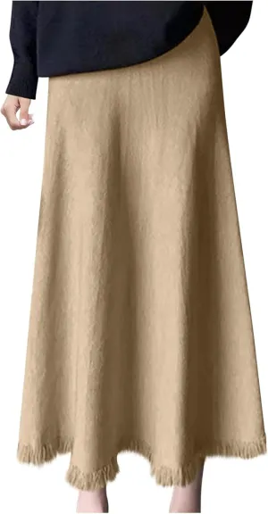 Long Skirts for Women Fall Casual High Waisted Ribbed Knit Midi Skirts Fashion Ruffle Pleated Knitted Half Skirt