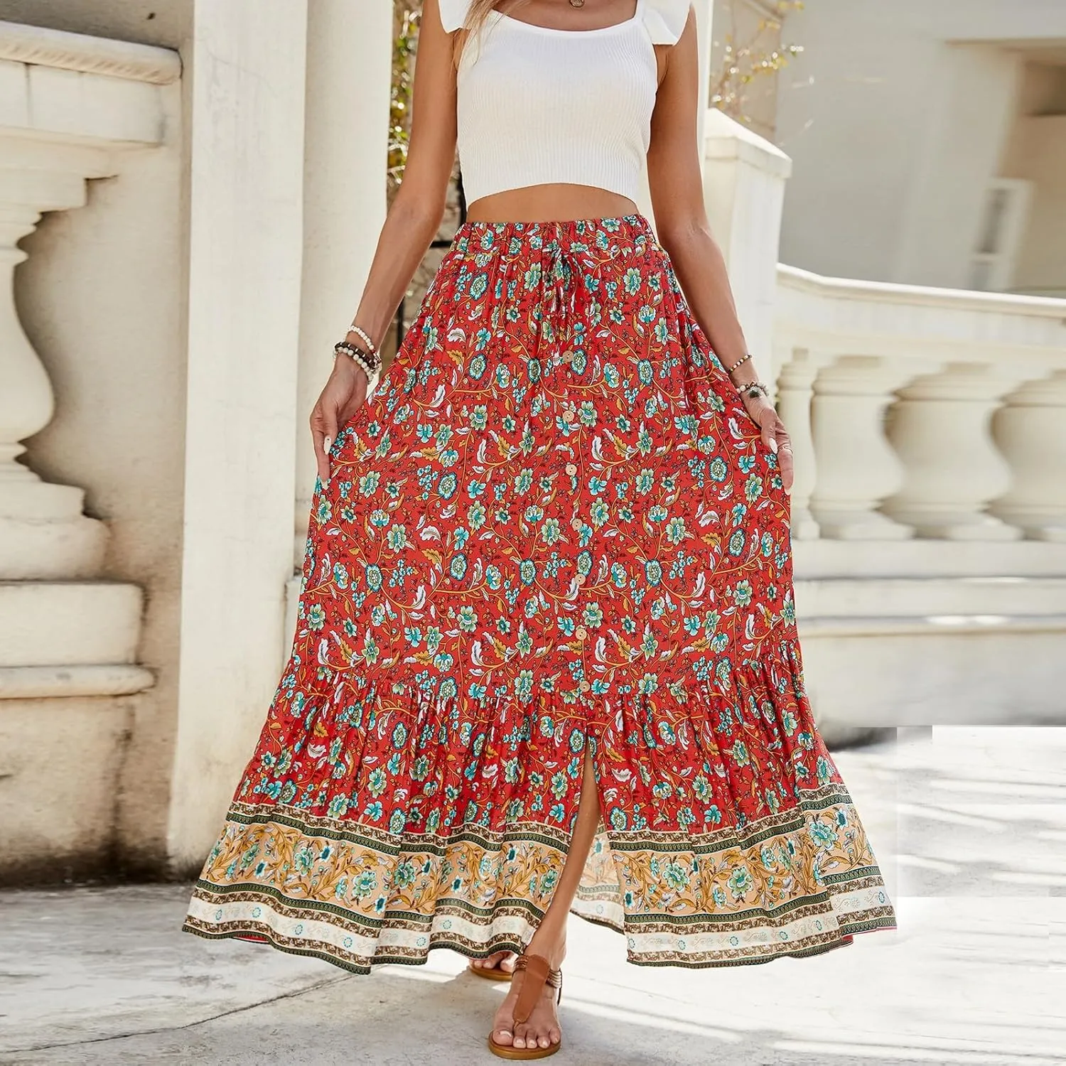Long Skirts for Women Floral Boho Beach Flowy Tiered Maxi Skirt Drawstring High Waisted Skirts A Line Midi Skirt