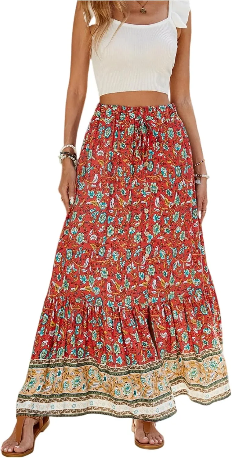 Long Skirts for Women Floral Boho Beach Flowy Tiered Maxi Skirt Drawstring High Waisted Skirts A Line Midi Skirt