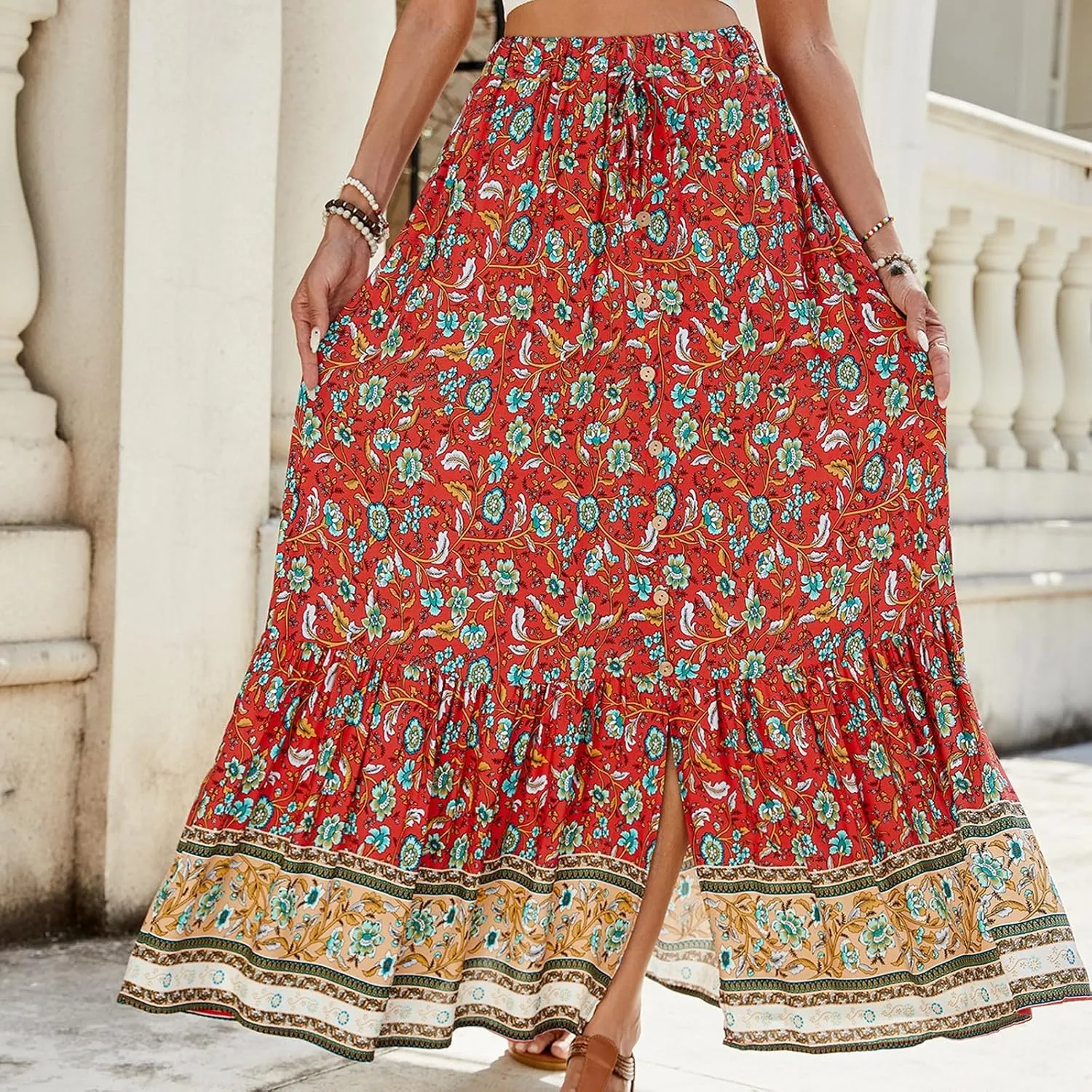 Long Skirts for Women Floral Boho Beach Flowy Tiered Maxi Skirt Drawstring High Waisted Skirts A Line Midi Skirt