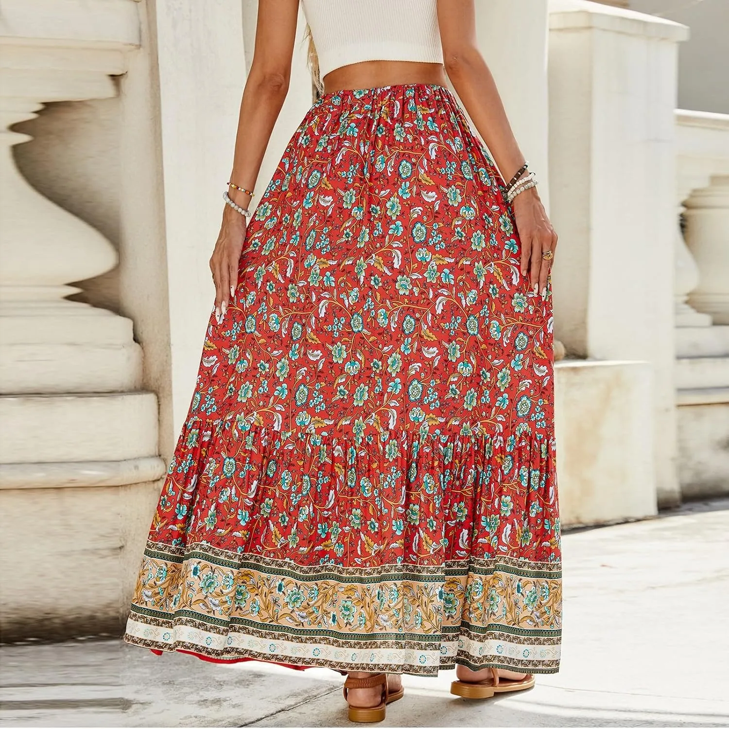 Long Skirts for Women Floral Boho Beach Flowy Tiered Maxi Skirt Drawstring High Waisted Skirts A Line Midi Skirt