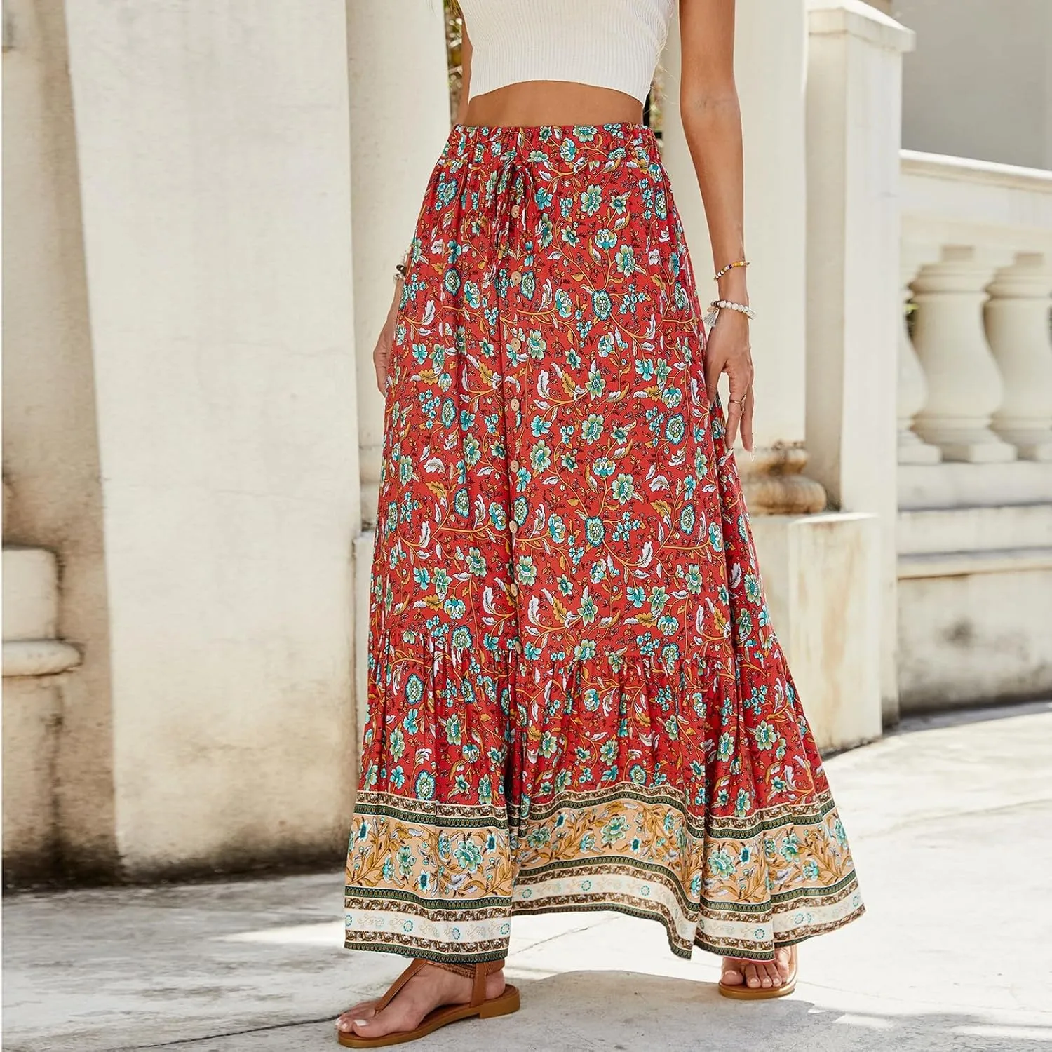 Long Skirts for Women Floral Boho Beach Flowy Tiered Maxi Skirt Drawstring High Waisted Skirts A Line Midi Skirt