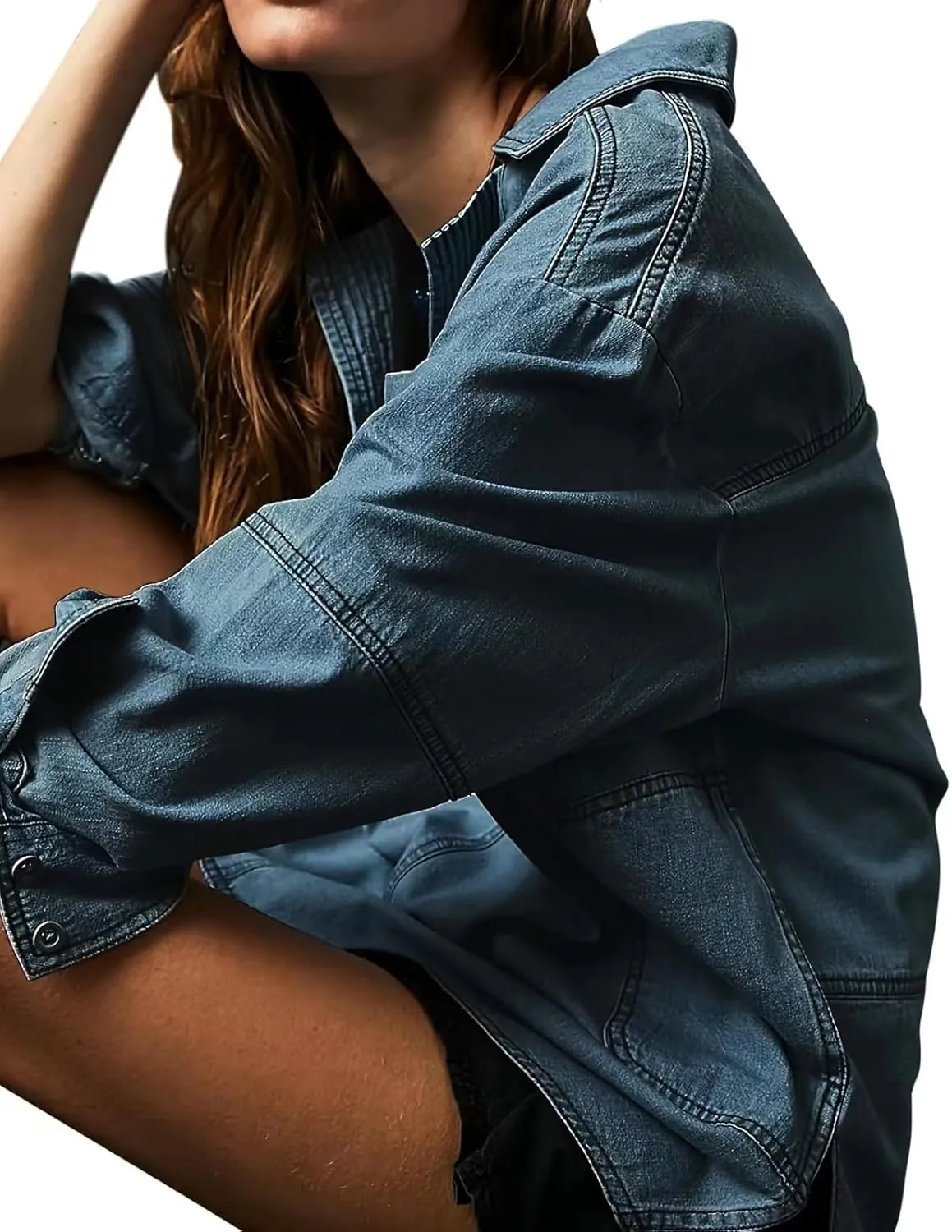 loveimgs Women Casual Long Sleeve Denim Pullover Top Jean Shirt Turndown V Neck Oversized Denim Shirt Hoodie Sweatshirt