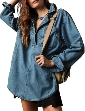 loveimgs Women Casual Long Sleeve Denim Pullover Top Jean Shirt Turndown V Neck Oversized Denim Shirt Hoodie Sweatshirt