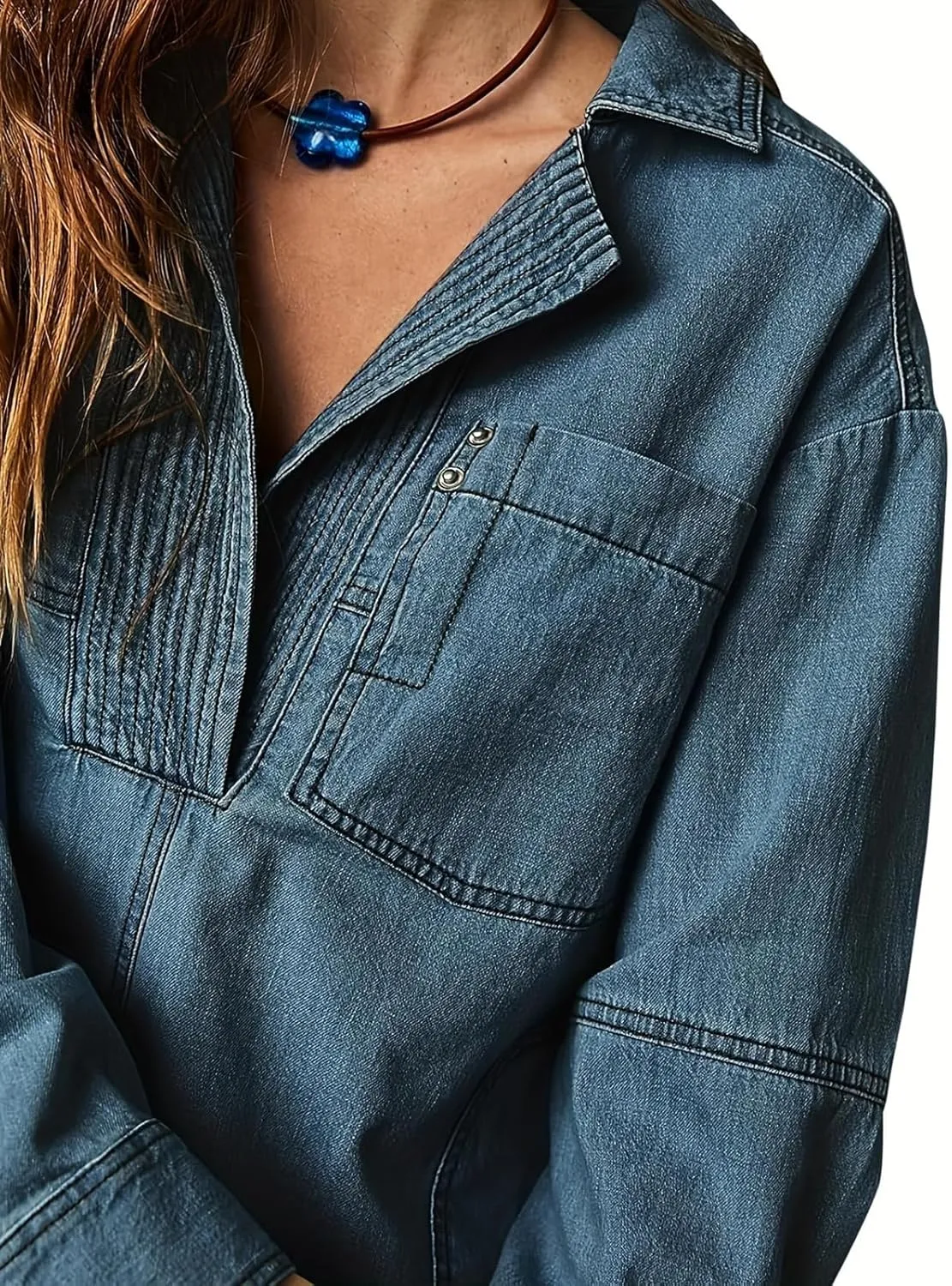 loveimgs Women Casual Long Sleeve Denim Pullover Top Jean Shirt Turndown V Neck Oversized Denim Shirt Hoodie Sweatshirt