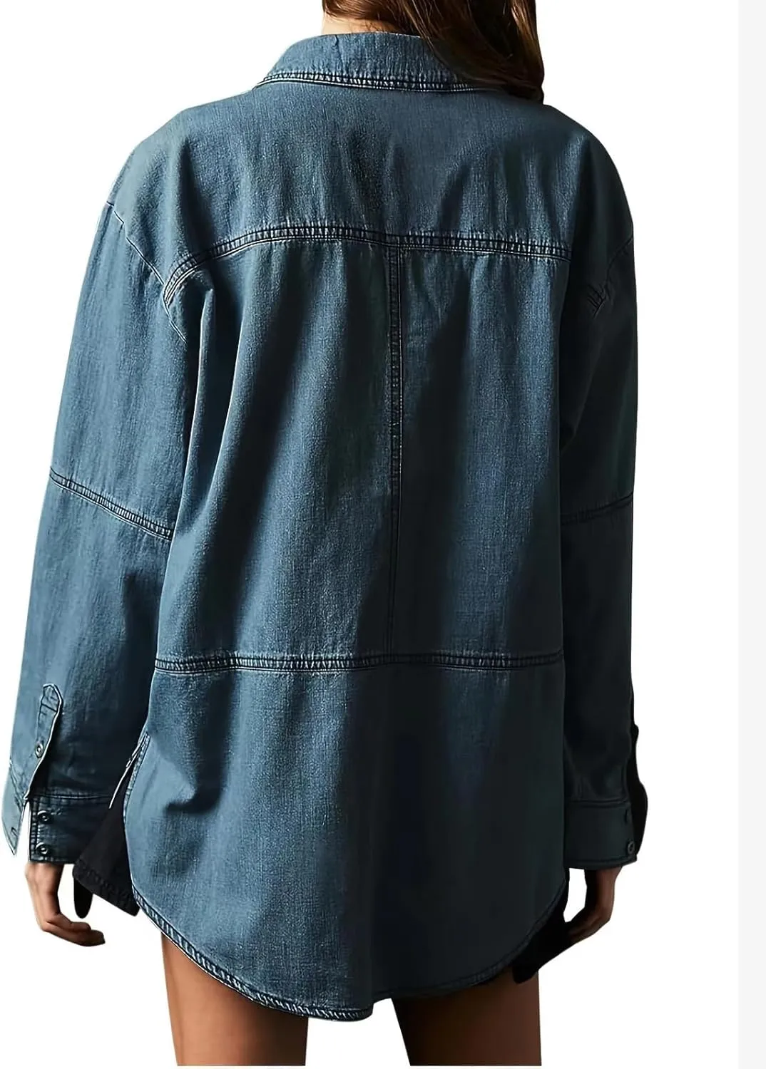 loveimgs Women Casual Long Sleeve Denim Pullover Top Jean Shirt Turndown V Neck Oversized Denim Shirt Hoodie Sweatshirt